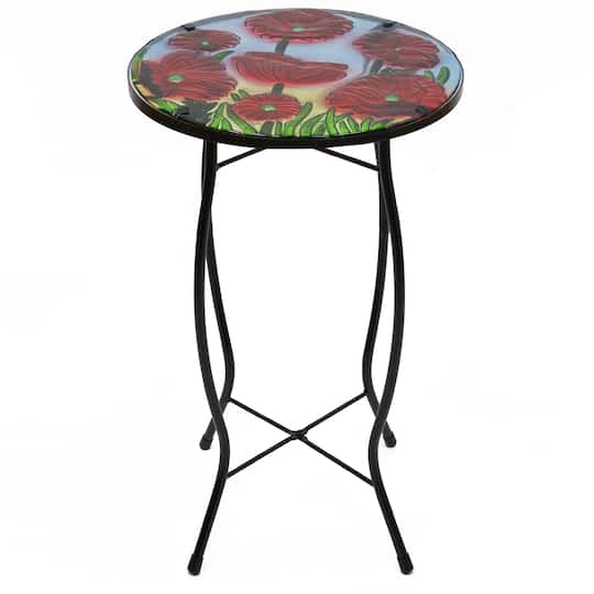 19&#x22; Red Floral Poppies Glass Patio Side Table
